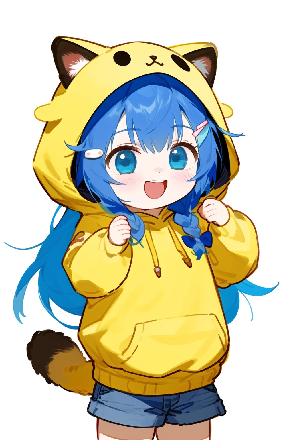 (rating:safe: 1.2), (hood: 1.2), (1girl: 1.1), (animal_hood), hair_ornament, hoodie, solo, open_mouth, drawstring, hood_up, blush, blue_eyes, bangs, smile, blue_hair, braid, tail, bow, cowboy_shot, blue_ribbon, white_background, blue_bow, hairclip, sweater, hands_up, long_sleeves, long_hair, puffy_long_sleeves, ribbon, chibi, teeth, simple_background