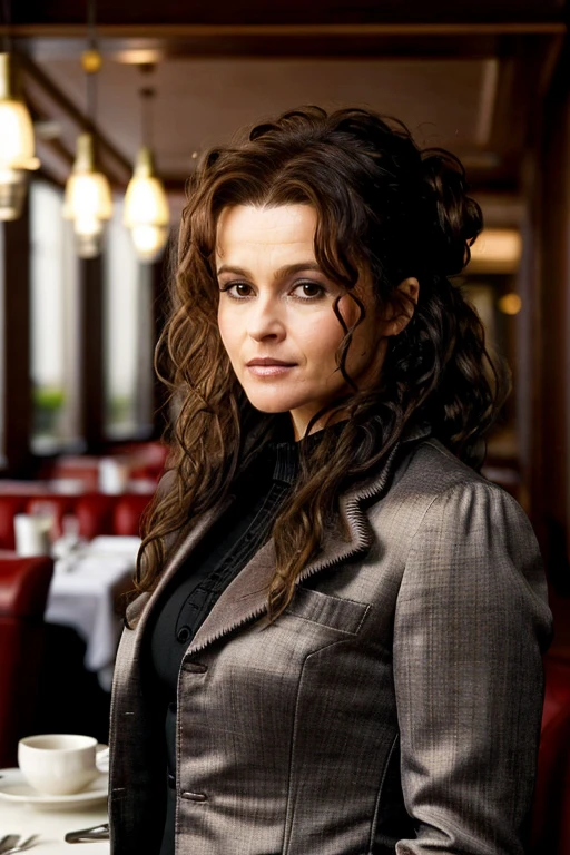 masterpiece,best quality, detailed face, business suit, in a restaurant,<lora:Helena_Bonham_Carter:1> 1girl, solo, a mature 40 year old hb1873c, brown hair, wavy,messy,up do, hair,