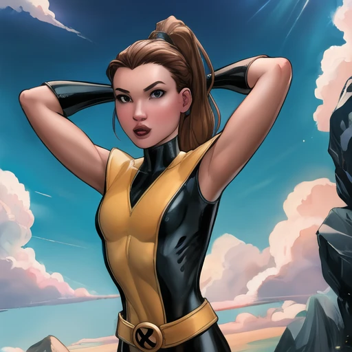 ktpryde, 1girl, <lora:kitty:1>, forehead, ponytail, beaultiful, sky, arms up