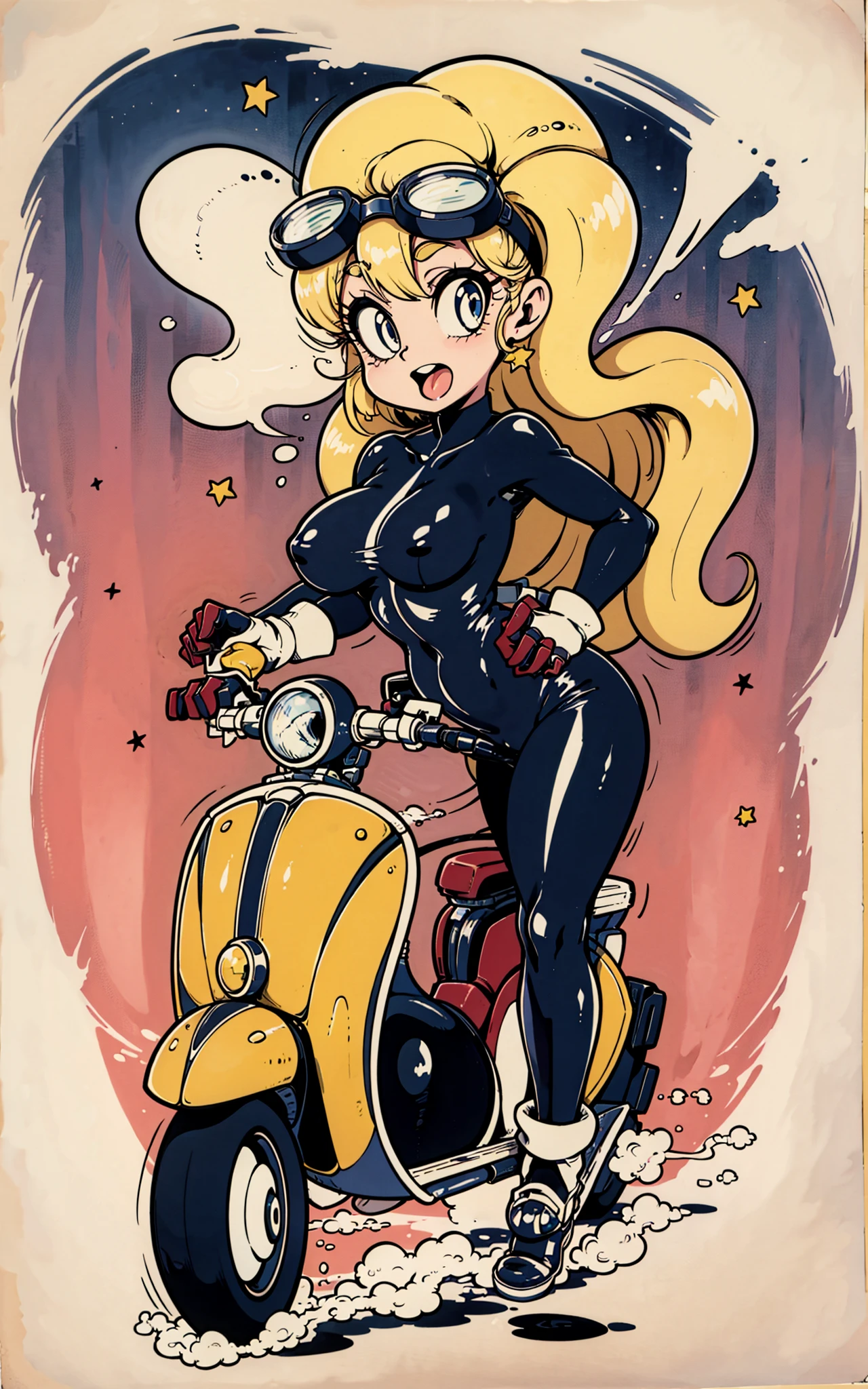 (masterpiece,  best quality:1.4),  top quality,  8k resolution,  sdrhstyl3,  pie eyes,  ultra-detailed portrait,  mid-shot,  bloom,  traditional media,  retro artstyle,  poster (medium),  2girls,  facing viewer,  blonde hair,  open mouth,  standing,  wide-eyed,  eyelashes,  makeup,  looking at viewer,  curvy,  riding boots,  gloves,  star (symbol),  ,  racesuit,  goggles,  ground vehicle,  instrument,  musical note,  perfect female figure,  motor vehicle,  scooter,  vespa,  bangs,  floating hair,  goggles on head,  motion lines,  speed lines,  border,  spot color,  simple background,  starry background,  ,  smoke,  numbered,  outline,  particles,  hatching_(texture),<lora:EMS-223265-EMS:0.600000>