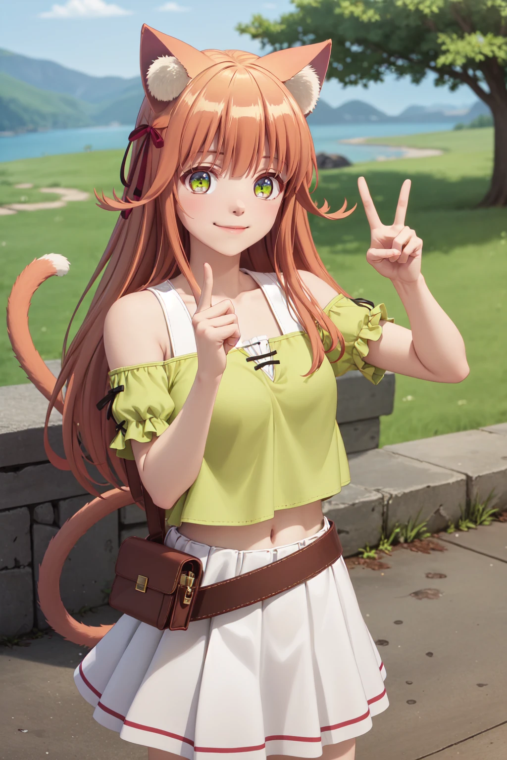 (masterpiece:1.3), (absurdres:1.3), (best quality:1.3), (ultra-detailed:1.3), upper body, looking at viewer, smile, outdoors, (peace sign:1.2), kanade-fi, <lora:kanade-fi-09:1>, kanade-fi, bare shoulders, green shirt, short sleeves, white skirt, cat tail, brown belt, black shoe,