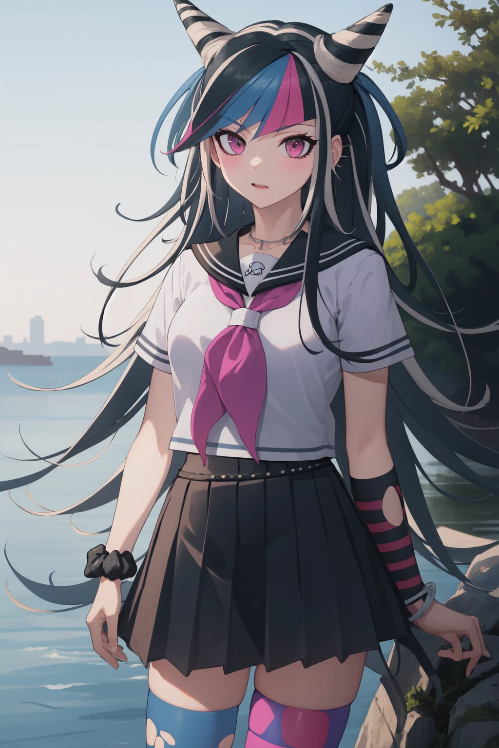 masterpiece, best quality, highres, mibuki, multicolored hair, hair horns, cone hair bun, necklace, wrist scrunchie, single glove, mismatched legwear, torn thighhighs, serafuku, white shirt, neckerchief, black skirt, black sailor collar, cowboy shot, standing, outdoors<lora:i10:0.9>