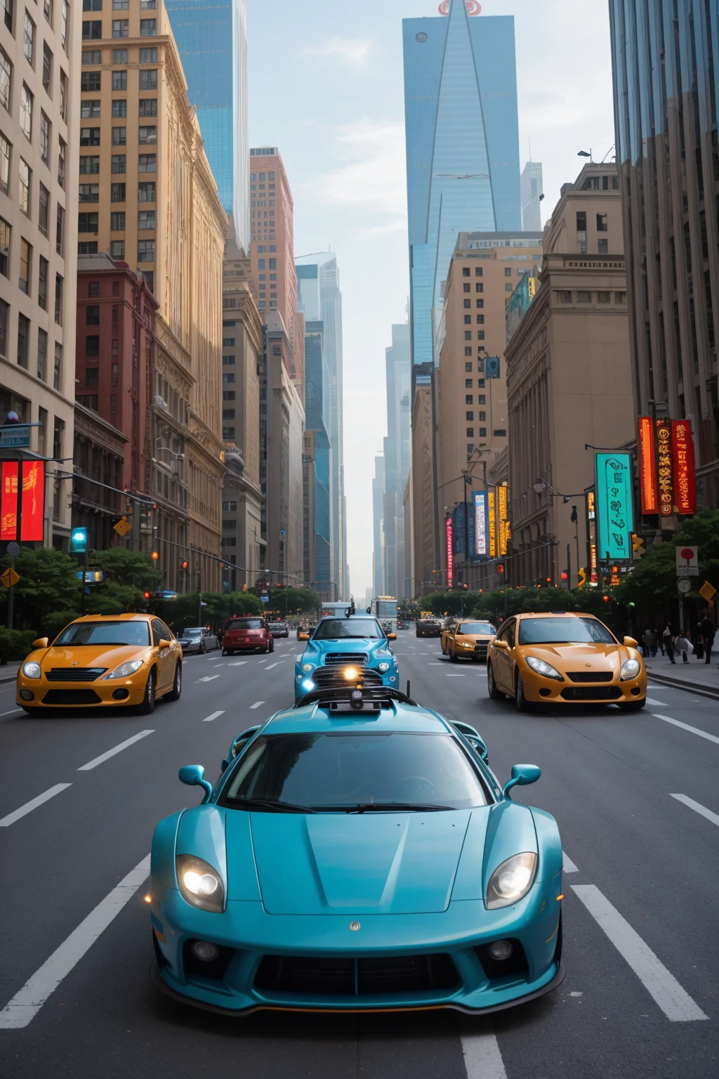 (Style-EMCG:1.0) action scene, car chase in the city, skyscrapers in the background, (masterpiece:1.2) (photorealistic:1.2) (bokeh) (best quality) (detailed skin:1.3) (intricate details) (8k) (HDR) (analog film) (canon d5) (cinematic lighting) (sharp focus)