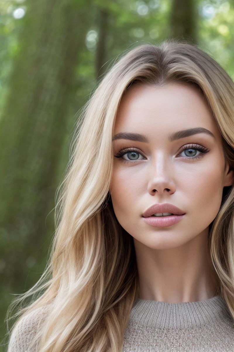 closeup headshot of S257_OlyaAbramovich,a beautiful woman,in a (forest:1.1),wearing a (sweater:1.1),(4k, RAW photo, best quality, depth of field, ultra high res:1.1),(absurdres, intricate, photorealistic, masterpiece, ultra-detailed:1.2),