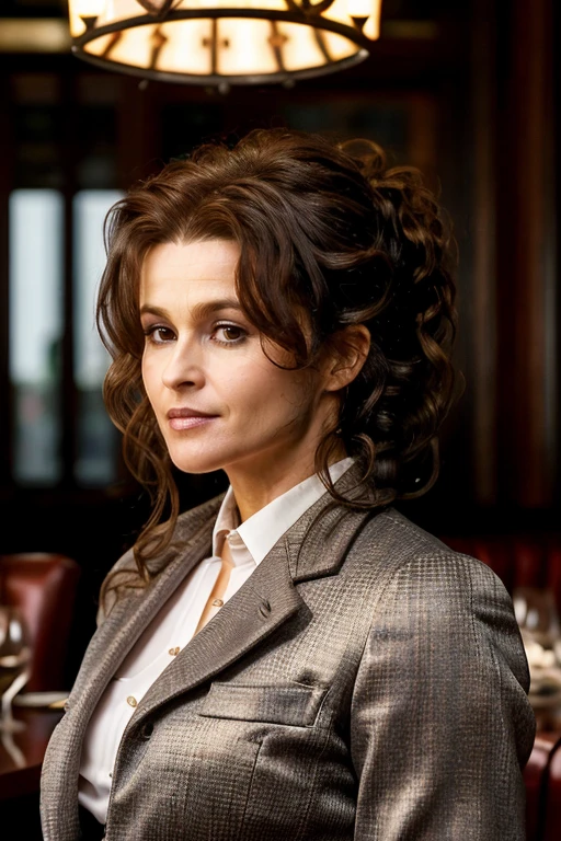 masterpiece,best quality, detailed face, business suit, in a restaurant,<lora:Helena_Bonham_Carter:1> 1girl, solo, a mature 40 year old hb1873c, brown hair, wavy,messy,up do, hair,