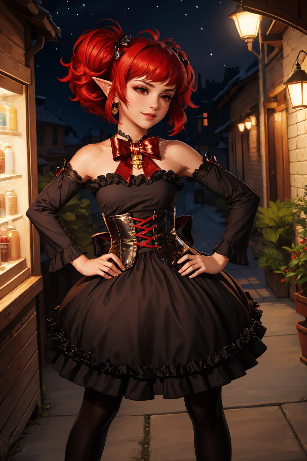 masterpiece, best quality, <lora:dnfenchantress-nvwls-v1-000009:0.9> dnfenchantress, twintails, hair bow, earrings, bare shoulders, black dress, corset, detached sleeves, black pantyhose, mary janes, standing, hands to hips, smile, furrowed brow, from above, night, village