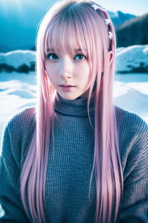 1girl,(wearing a turtleneck sweater),(winter jacket),(RAW photo, best quality), (realistic, photo-realistic:1.4), masterpiece, an extremely delicate and beautiful, extremely detailed, 2k wallpaper, Amazing, finely detail, extremely detailed CG unity 8k wallpaper, ultra-detailed, highres, soft light, beautiful detailed girl, extremely detailed eyes and face, beautiful detailed nose, beautiful detailed eyes,cinematic lighting,at a ski resort,snow field,snow scenery,perfect anatomy,slender body<lora:kanekorie_lora:0.8>,(pink hair)