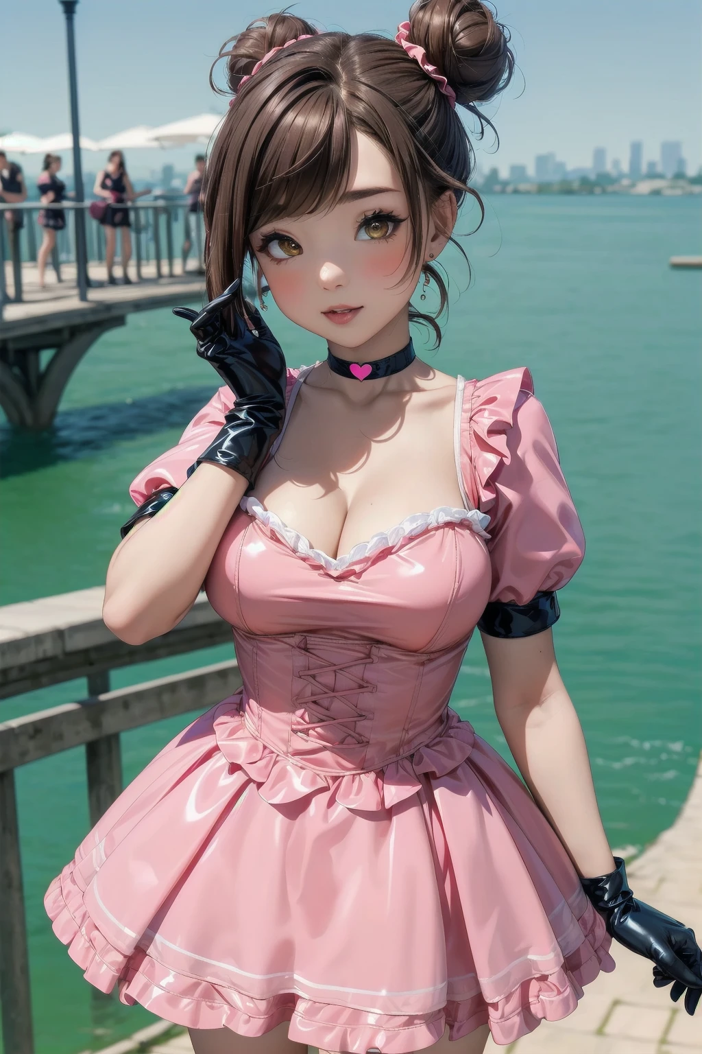 best quality, ultra-detailed, (1girl, solo, ,topknot hair, brown hair, <lyco:heart-choker-v1:1.0> , xheartchokerx,hcattached, (puffy short sleeves:1.1), round neckline, cleavage, short dress, plain silk dress, luxury pink latex dress,(petticoat:1.2) , elbow gloves, pupils sparkling, standing), on a bridge