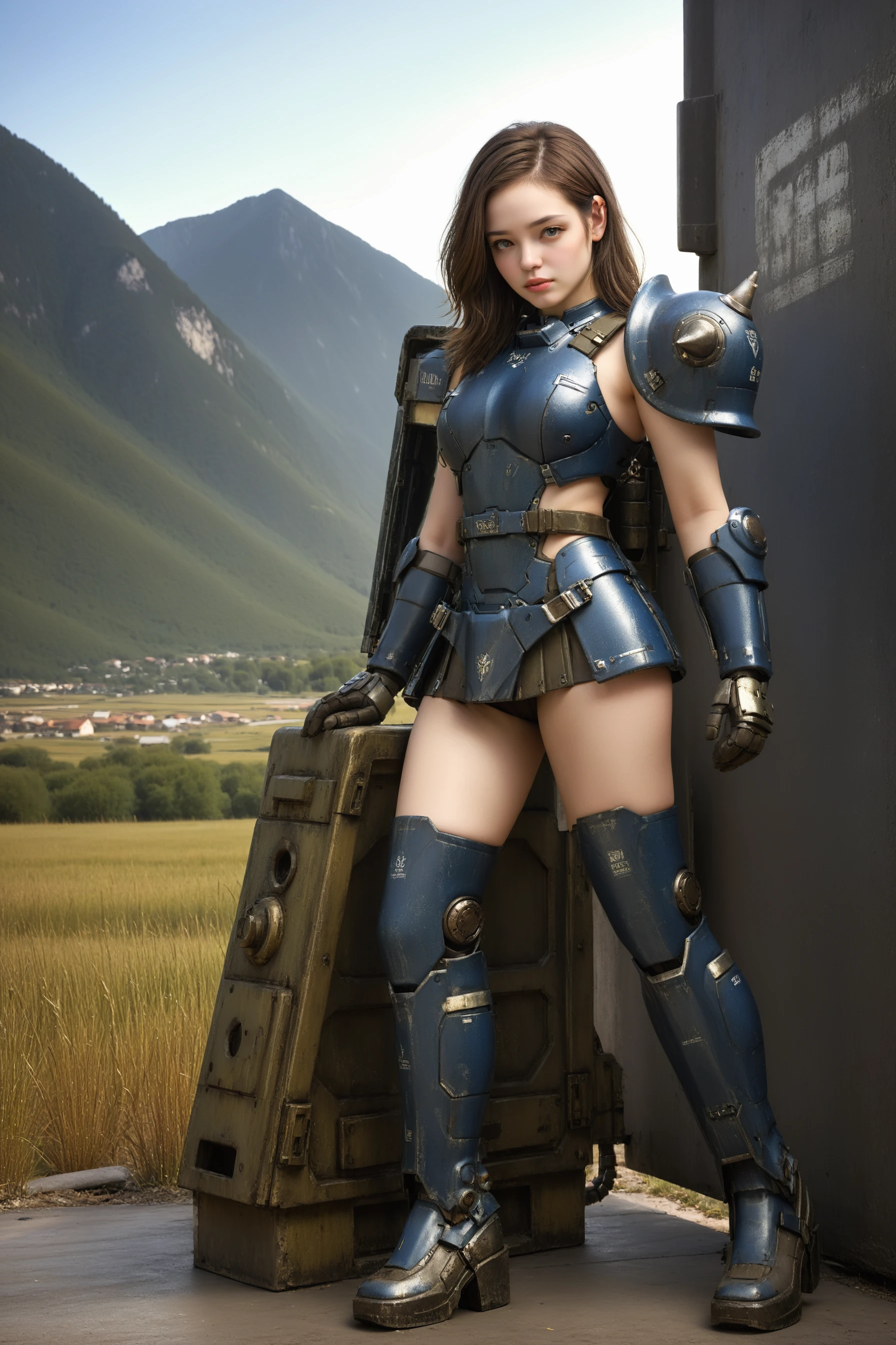 masterpiece, (realistic:3), (photorealistic:3), intricate detail, highly detailed, great textures, 8k, high detail, zaku\(ttp\), <lora:Zaku_SDXL_v1_2_loha-000028:0.65>, zaku, one girl dress in dark blue color robot armor, 1girl, full body, detailed_background, outdoors, random location, random background, sexy pose, beautiful face, thigh boots, glove, shield, crown, skirt, thighhighs,, (RAW photo, best quality, masterpiece:1.2), ultra high res, (photorealistic:1.4),