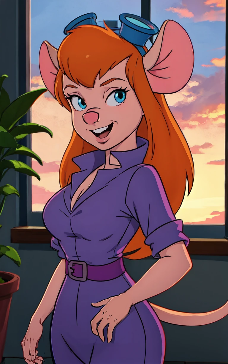 CARTOON_gadget_hackwrench_ownwaifu,
1girl, furry female, long hair, orange hair, blue eyes, bangs, sidelocks, buck teeth, animal ears, mouse ears, animal nose, mouse tail, body fur, tail, goggles, goggles on head, eyewear on head, breasts, medium breasts,
cleavage, jumpsuit, purple dress, collared shirt, short sleeves, sleeves rolled up, belt, pants,
<lora:CARTOON_gadget_hackwrench_ownwaifu:1> ,
((masterpiece)),((best quality)),(highres, absurdres), original, official_art, chromatic_aberration, bokeh, depth_of_field, skyline, cloudy_sky, sunset, indoors, window_shade, potted_plant, hanging_plant, focused, looking at viewer, solo, cowboy shot,