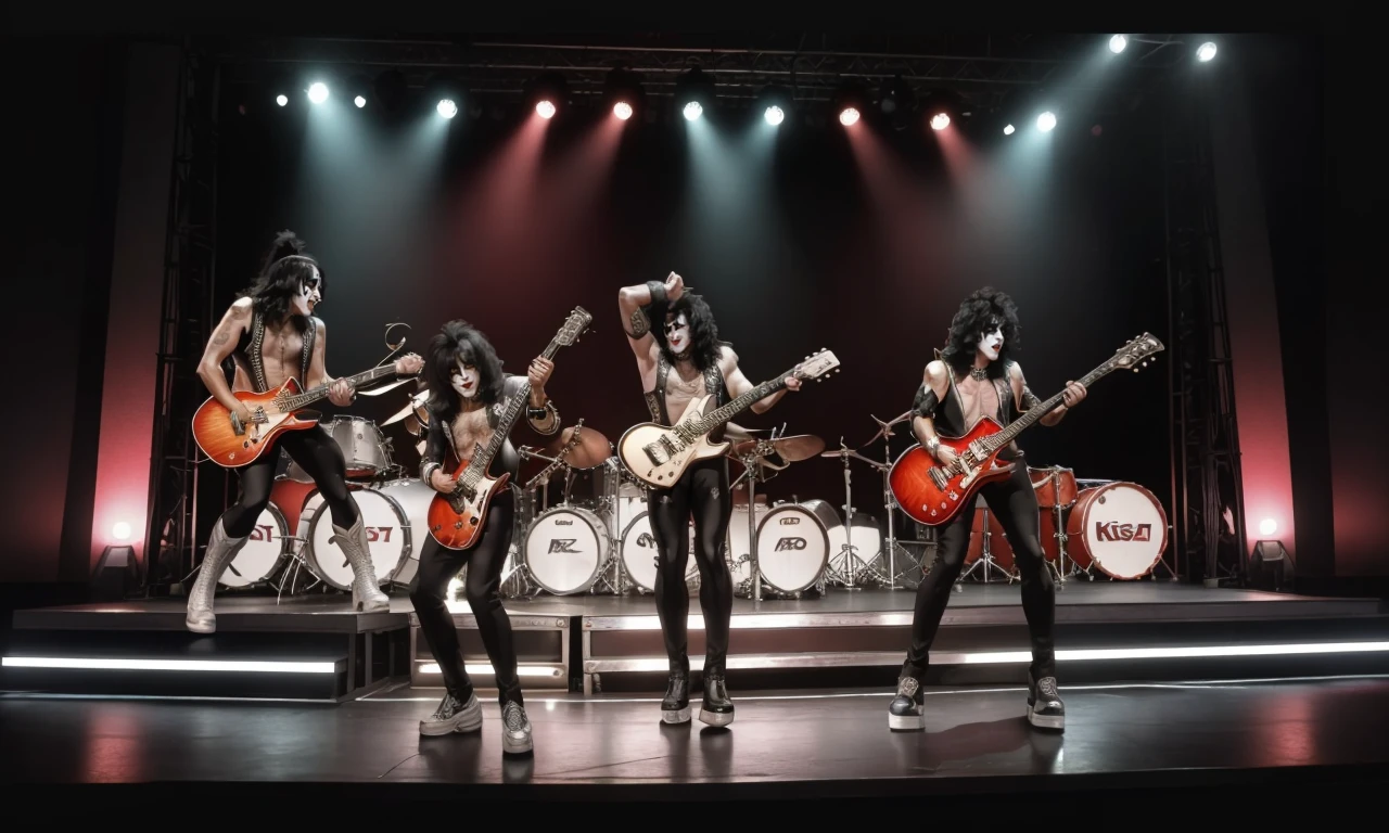 kissb2023, 4 men, 4 people, masterpiece, best quality, 8k, uhd, detailed skin, standing on stage, rock band, smile,