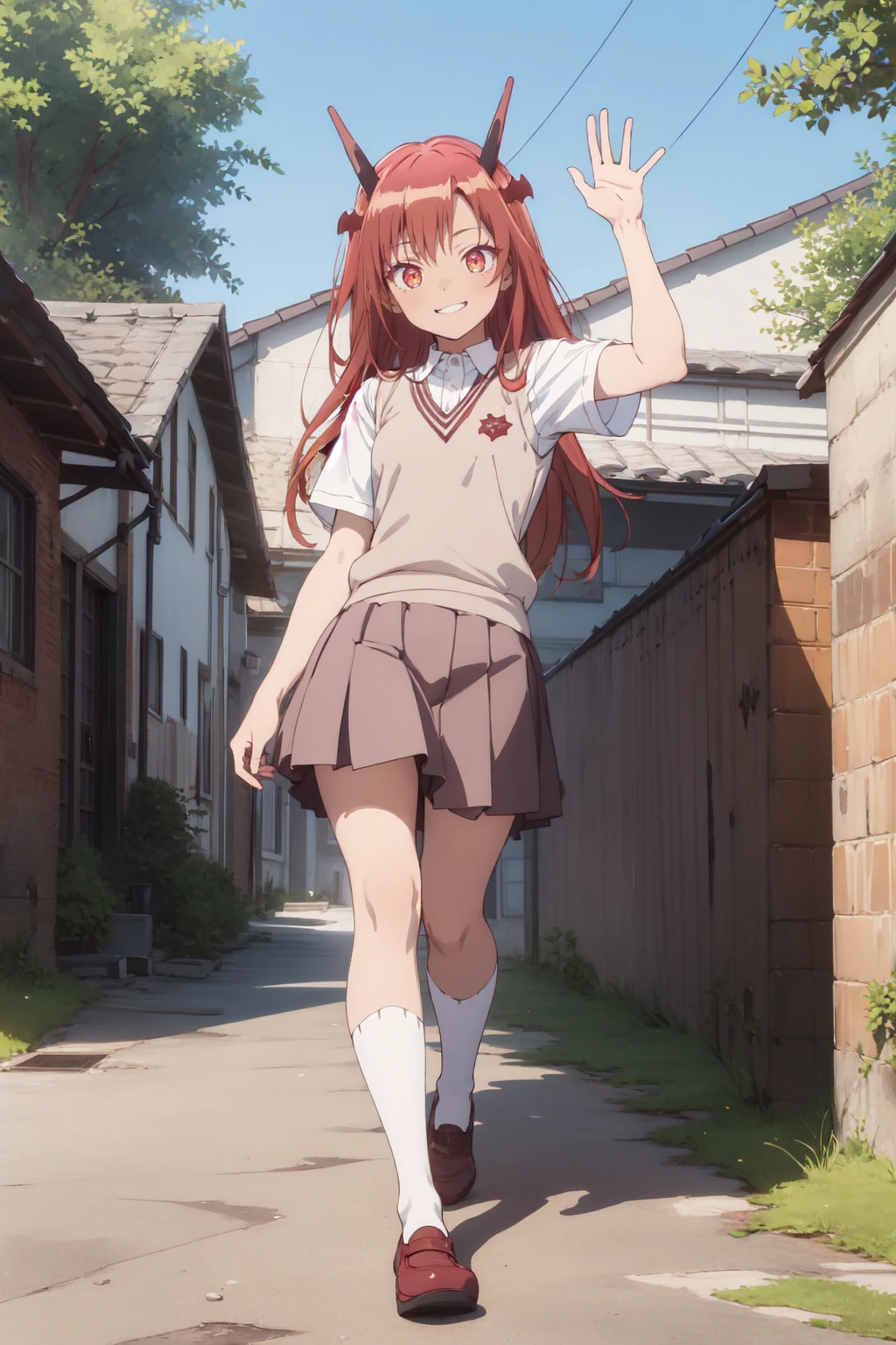 (masterpiece:1.3), (absurdres:1.3), (best quality:1.3), (ultra-detailed:1.3), full body, looking at viewer, smile, outdoors, waving, tania-fi, dragon horns, red hair, <lora:tania-fi-09:1>, tokiwadai school uniform, <lora:tokiwadai_school_uniform:1>,