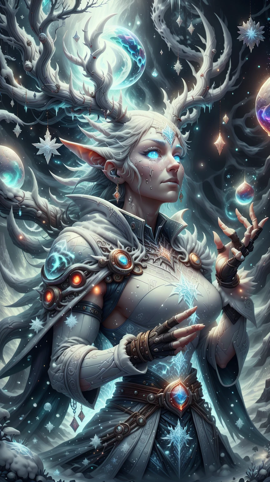 <lora:Hornyfier:0.5>Hornyfier Style-GravityMagic, solo, upper body, looking up, detailed background, detailed face, (<lora:DruidMagicAI:0.5>, DruidMagicAI, druidic theme:1.1), frost wizard, white color scheme, wearing snowflake patterned blue-white mage clothes, 10%fingerless gloves, cape, belt, legendary orb of ice, magical gem pendant, casting spell, creating frost, emanating frosty power, floating particles, ice crystals, enchanted sigils, frozen throne in background, frosty fog emerging, northern lights, cold weather, ethereal atmosphere, **(disney, elsa, anna:1.2),**, pointy horns, <lora:ChristmasDecorativeStyle:0.8> ChristmasDecorativeStyle, (Masterpiece:1.3) (best quality:1.2) (high quality:1.1)