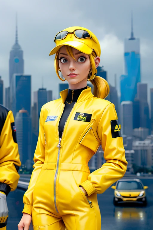 3mm4s, face , yellow flightsuit, futuristic city in the background   <lora:3mm4s:1>