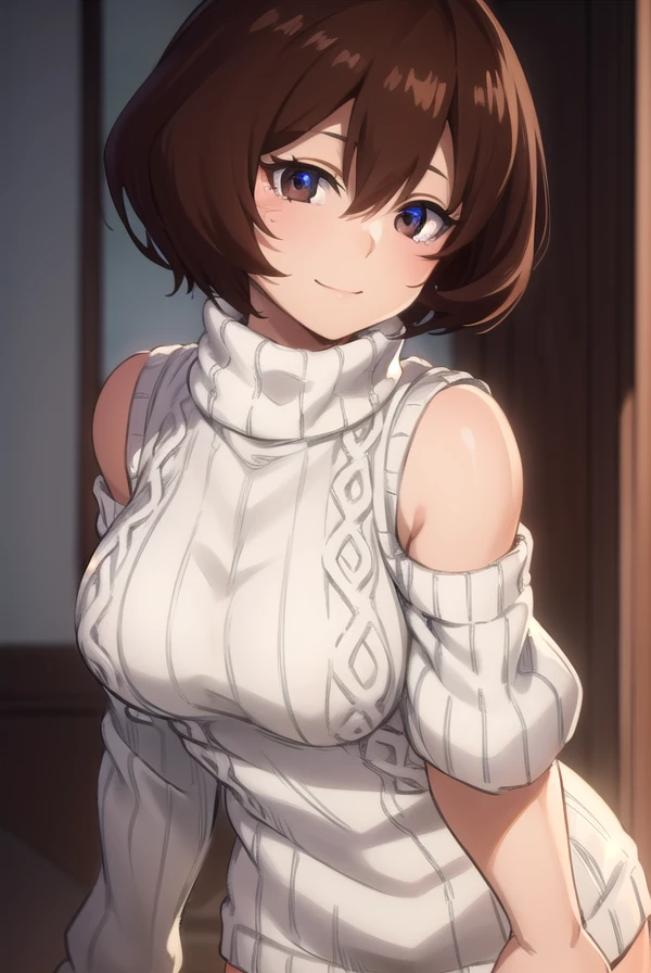 shinososaki, <lora:shino sosaki s2-lora-nochekaiser:0.8>,
shino sosaki, short hair, brown hair, hair between eyes, (brown eyes:1.5), smile,
BREAK sweater, (ribbed sweater:1.5), (white sweater:1.5), long sleeves, turtleneck,
BREAK indoors, bed,
BREAK looking at viewer, (cowboy shot:1.5),
BREAK <lyco:GoodHands-beta2:1>, (masterpiece:1.2), best quality, high resolution, unity 8k wallpaper, (illustration:0.8), (beautiful detailed eyes:1.6), extremely detailed face, perfect lighting, extremely detailed CG, (perfect hands, perfect anatomy),