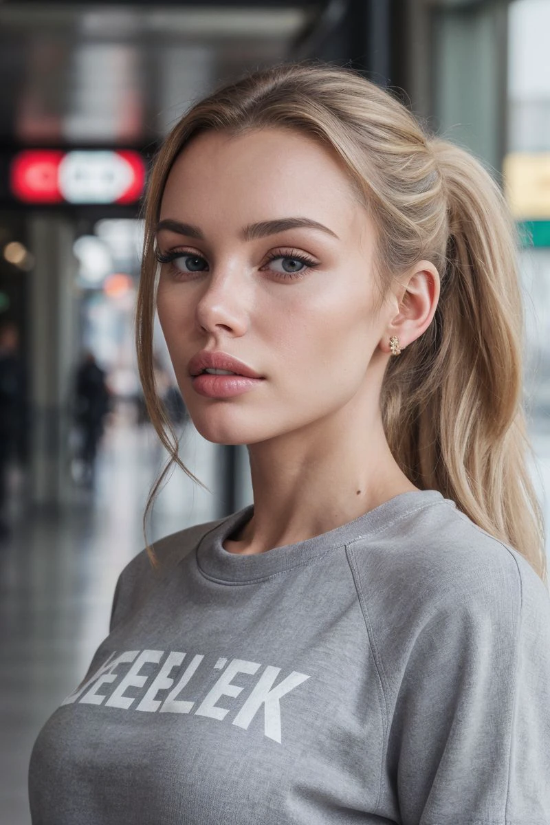 portrait of S257_OlyaAbramovich,a gorgeous woman,in a (subway:1.1),wearing a (sweatshirt:1.1),(ponytail),(4k, RAW photo, best quality, depth of field, ultra high res:1.1),(absurdres, intricate, photorealistic, masterpiece, ultra-detailed:1.2),