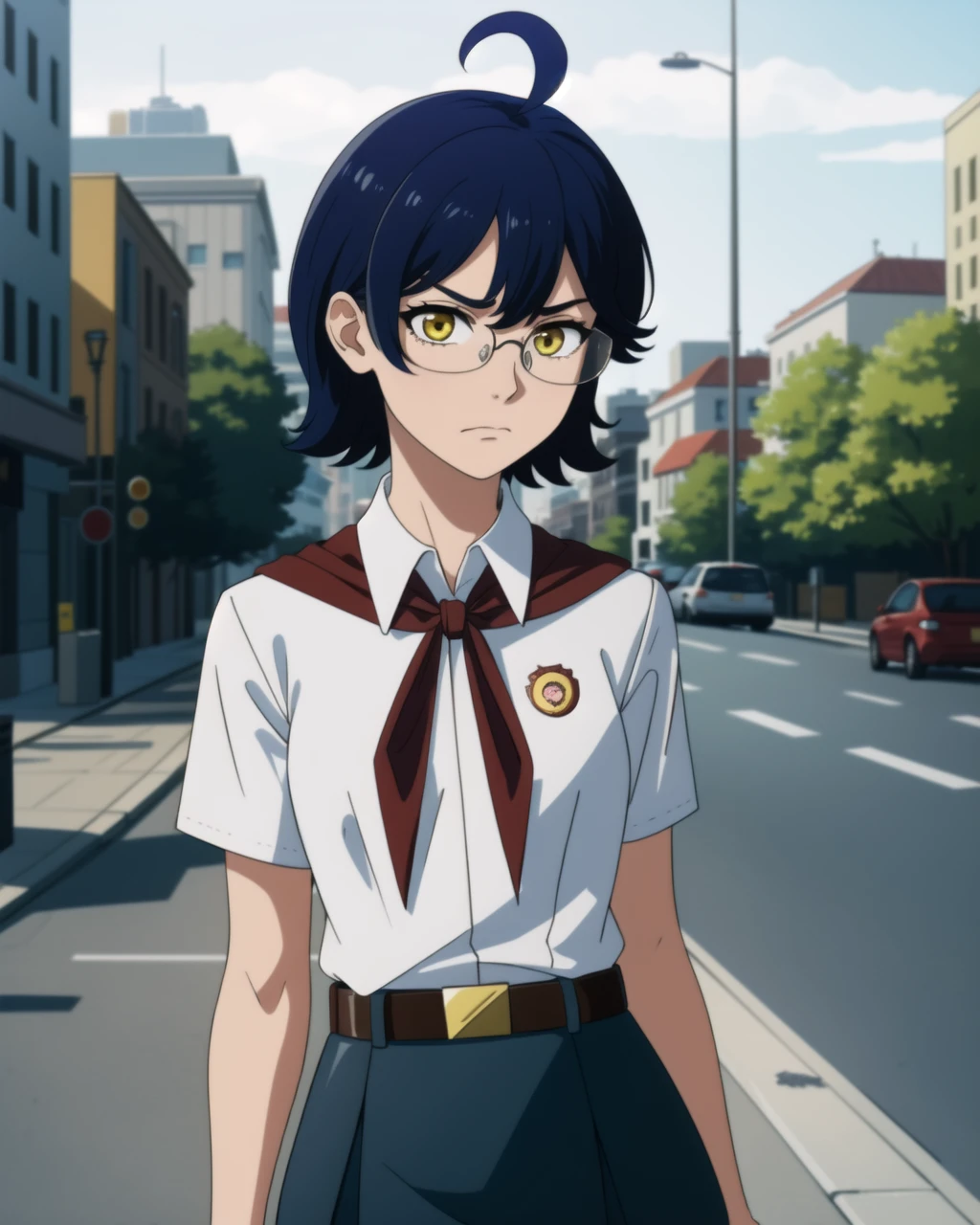masterpiece, high quality, bljenya, 1girl, detailed, intricated, medium shot, upper body, posing, detailed eyes, (angry:0.8), bored, yellow eyes, blue hair, ahoge, glasses, white shirt, small breasts, red badge on shirt, red bow-tied neckerchief, leather belt, blue skirt, outdoors, city, street, <lora:bljenya-000008:0.6>
