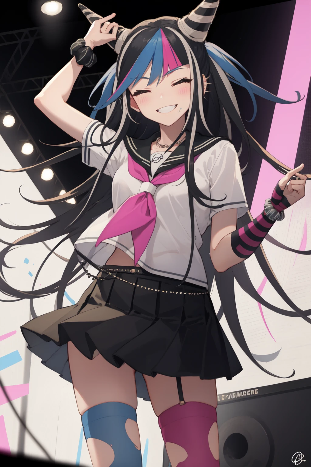 masterpiece, best quality, highres, eyes closed, happy, smile, mibuki, multicolored hair, hair horns, cone hair bun, necklace, wrist scrunchie, single glove, mismatched legwear, torn thighhighs, serafuku, white shirt, neckerchief, black skirt, black sailor collar, cowboy shot, standing, stage, dimly lit<lora:i10:0.9>