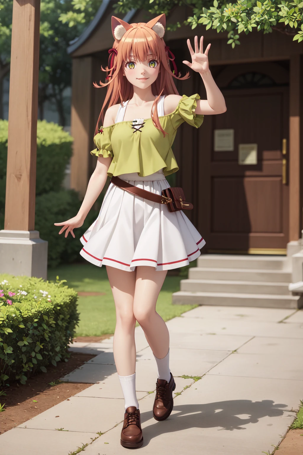 (masterpiece:1.3), (absurdres:1.3), (best quality:1.3), (ultra-detailed:1.3), full body, looking at viewer, smile, outdoors, waving, kanade-fi, <lora:kanade-fi-09:1>, kanade-fi, bare shoulders, green shirt, short sleeves, white skirt, cat tail, brown belt, black shoe,