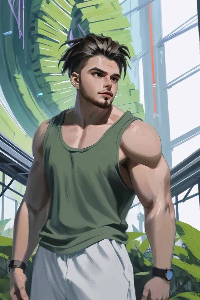 2010s anime style digital painting<lora:EnvySendNoodzXL01:-1>, 1boy, man, ruggedly handsome, greenhouse in a gargantuan scifi megastructure beyond the beginning of time, masterpiece<lora:EnvyAnimeDigitalPaintingXL01:0.7>