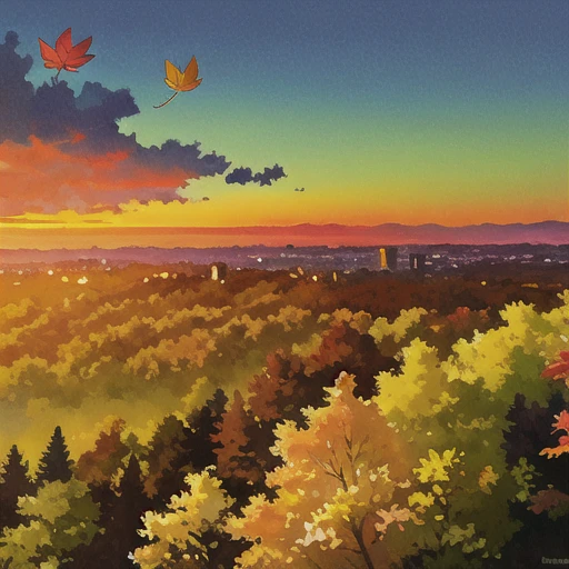 (masterpiece:1.2), best quality, masterpiece, autumn, autumn leaves, cloud, cloudy sky, dusk, evening, fire, forest, gradient sky, horizon, leaf, maple leaf, mountain, mountainous horizon, nature, no humans, outdoors, red sky, scenery, sky, sunset, tree, twilight,<lora:Ghibli:0.6>