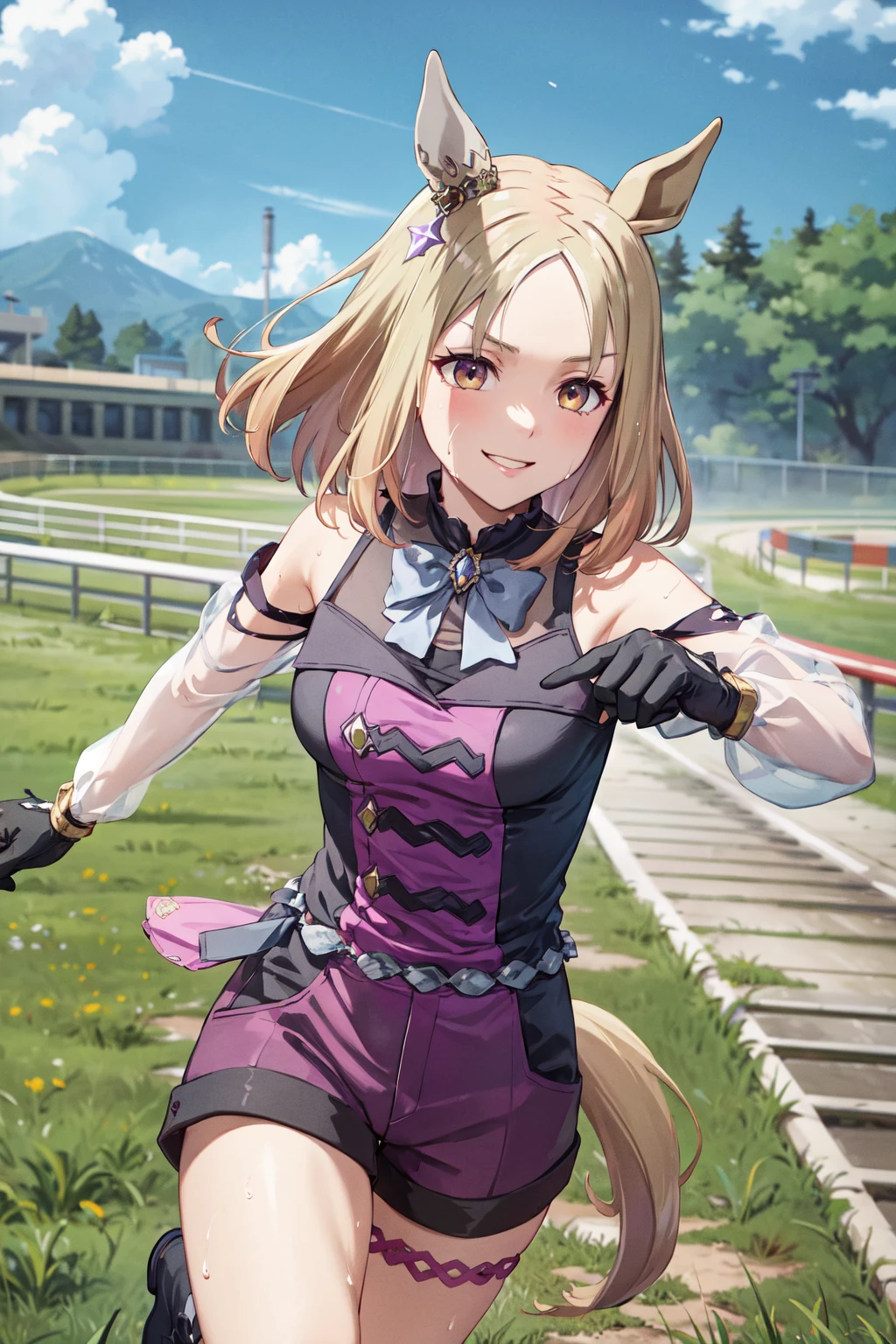 masterpiece,best quality,highres,ultra-detailed,aatopro,yellow eyes,horse ears,medium hair,parted bangs,bowtie,purple dress,shirt,long sleeves,see-through,asymmetric gloves,black gloves,white gloves,horse tail,shorts,purple shorts,thigh strap,boots,knee boots,purple footwear,<lora:narita_top_road_(umamusume):0.8>,grass,(track:1.2),(running:1.2),sweat,smile,cowboy shot,