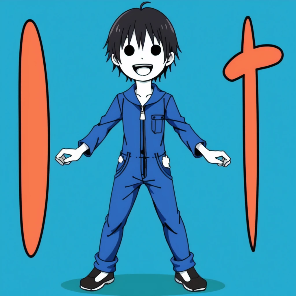 <lora:dot_eyes_and_open_mouth_ï¼D_v1:0.5>, 1boy, comic, black eyes, :d, style parody, solid circle eyes, SDCL, full body, mechanic, jumpsuit, pale skin, anime coloring,