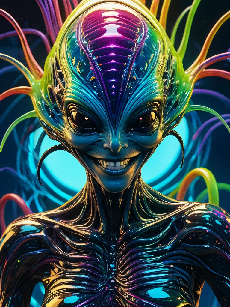 impossibly beautiful portrait of alien shapeshifter entity, insane smile, intricate complexity, surreal horror, inverted neon rainbow drip paint, trending on art station, photoreal, 8 k, octane render by greg rutkowski