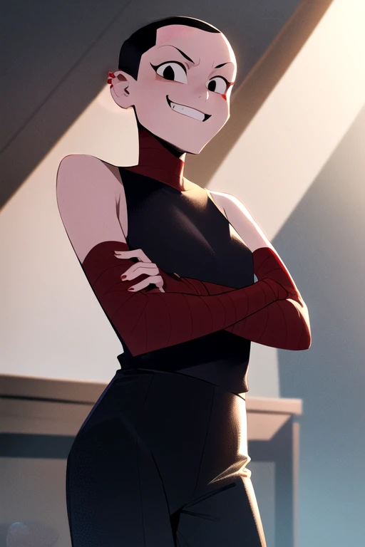 masterpiece, best quality, <lora:cassandra_jones:0.7> 1girl, solo, smile, evil smile, black eyes, dark skin, bald, black hair, looking at viewer, black shirt, black pants, red bandages, short hair, standing, crossed arms, ear piercing,