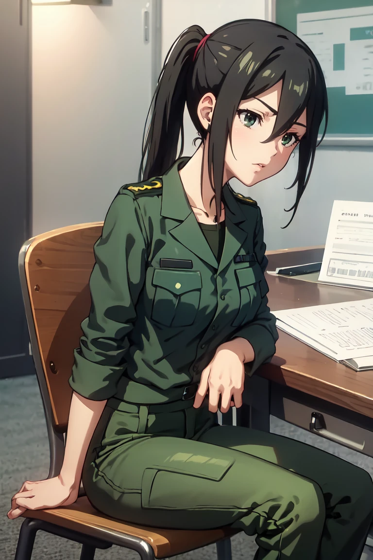 masterpiece, best quality, absurdres, RyoukoKusakabe, ponytail, military uniform, green pants, indoors, office, sitting, desk, <lora:CHAR-RyoukoKusakabe:0.8>