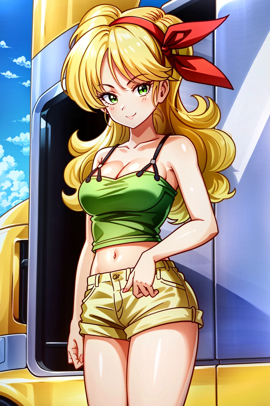 (extremely detailed CG unity 4k wallpaper),(masterpiece),(best quality),(ultra-detailed),(best illustration),(best shadow),(absurdres),(detailed background), <lora:OGT_LaunchDB-v1:0.7> Launch (Blonde Hair), 1girl, solo, blonde hair, long hair, ribbon, hair ribbon, smile, green eyes, curly hair, hairband, retro artstyle, cleavage, breasts, medium breasts, tank top, midriff, crop top, yellow shorts, short shorts