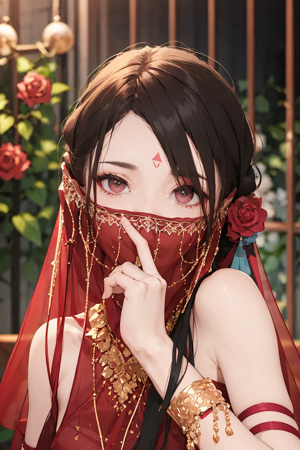 highres,1girl, solo, looking at viewer, brown hair, black hair, jewelry, necklace, facial mark, realistic, covered mouth, veil,<lora:lbc_yuyi_dudou:0.6>,((rose)),(vine),cage,bandage,red rope,(detail light),falling rose petals,