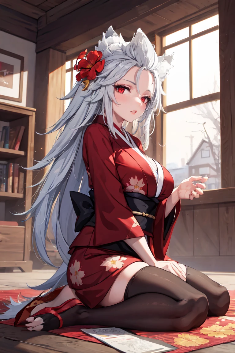 masterpiece, best quality, absurdres, ZentreyaWerewolf, red eyes, wolf ears, long hair, indoors, kimono, hair flower, floral print, wariza, sitting, hands on own knees, indoors, large breasts, <lora:ZentreyaWerewolf:0.8>