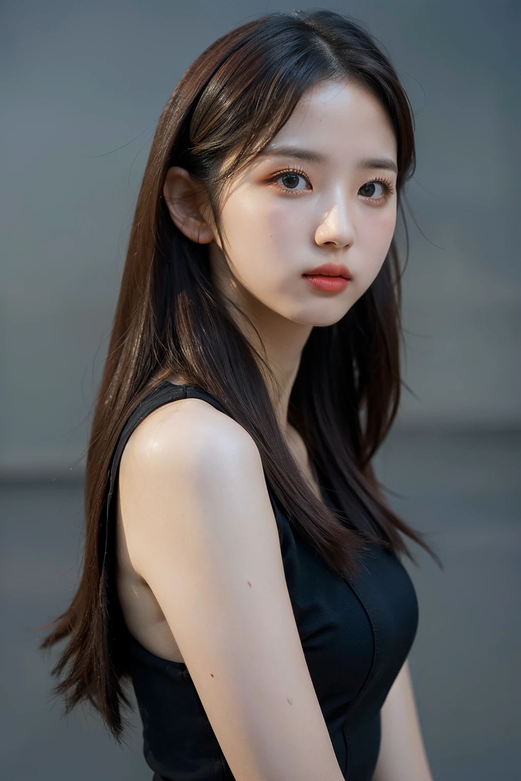Best quality, masterpiece, ultra high res, (photorealistic:1.4), raw photo,1girl, solo, realistic, (looking at viewer:1.2), upper body,simple gray background, black dress, <lora:makina69_leejiwoo_v1.0:1>