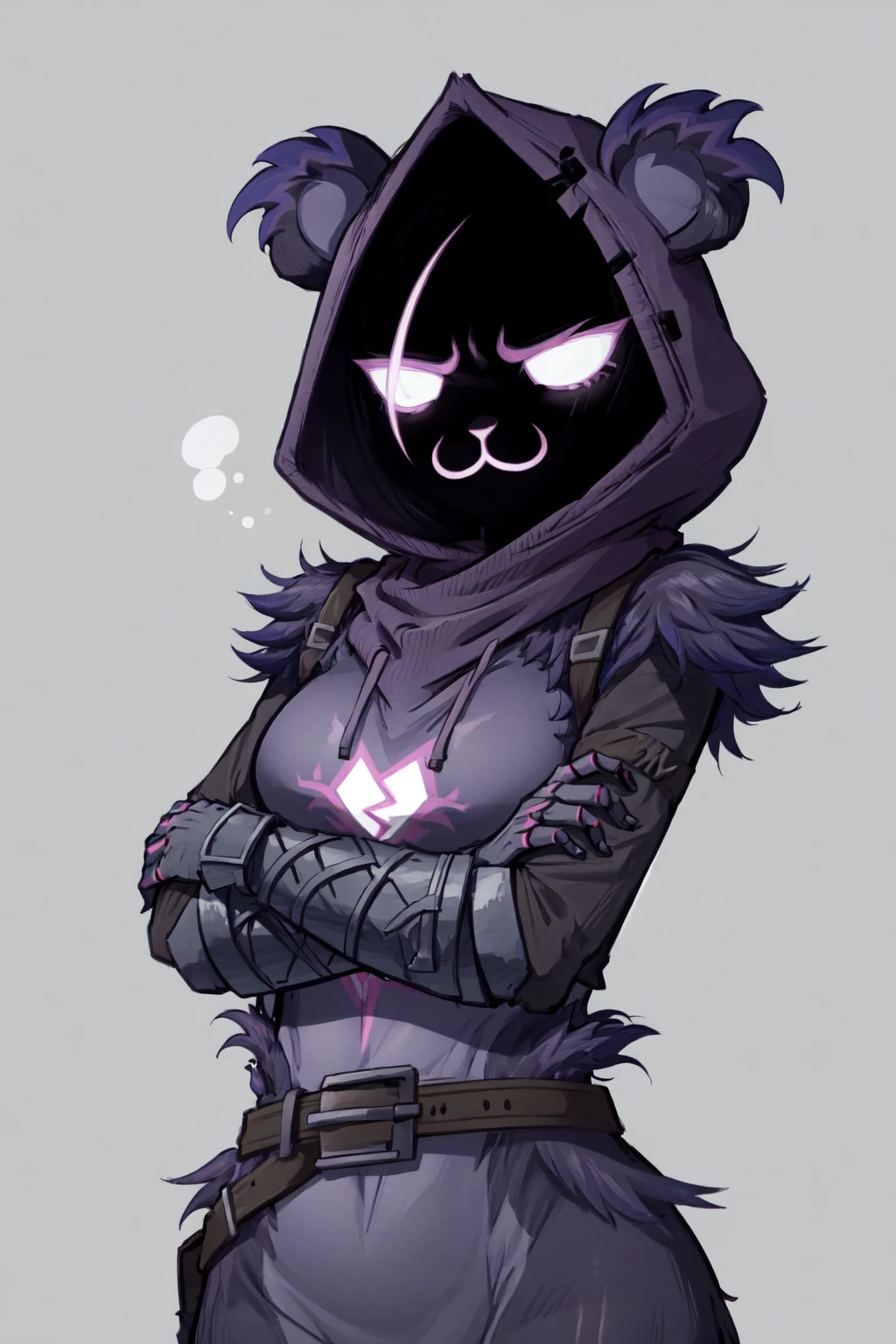 Raven Team Leader, 1girl, purple hood, animal ears, shaded face, purple skin, scar on eye, (furry), (body fur:1.2), purple fur, belt, straps, :3, torso symbol, metal gloves, upper body, looking at viewer, circle eyes, expressionless, crossed arms <lora:Raven_TL:0.8>