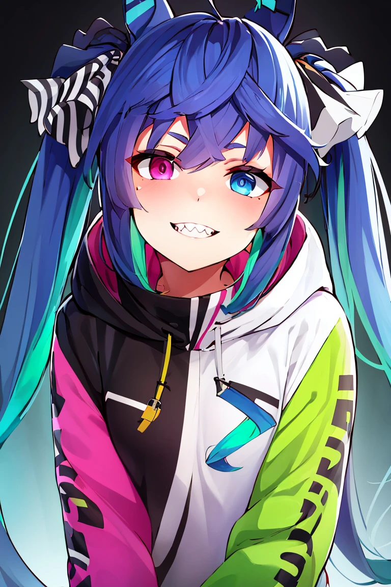 <lora:ricegnat_style:0.8>,((masterpiece,best quality)), absurdres, upper body portrait, <lora:Twin_Turbo_Umamusume:0.8>, Twin_Turbo_Umamusume,  aqua hair, twintails, heterochromia, purple eyes, blue eyes, sharp teeth, multicolored hoodie, solo, smiling, looking at viewer,