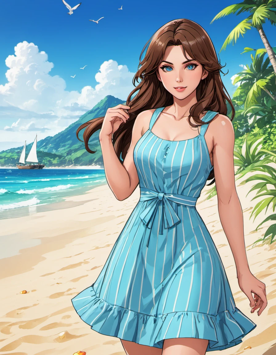 <lora:brtmnl:1>anime artwork anime artwork , beautiful brtmnl woman wearing sundress on a beach, beautiful detailed, natural light, high quality, anime style, key visual, vibrant, studio anime, highly detailed