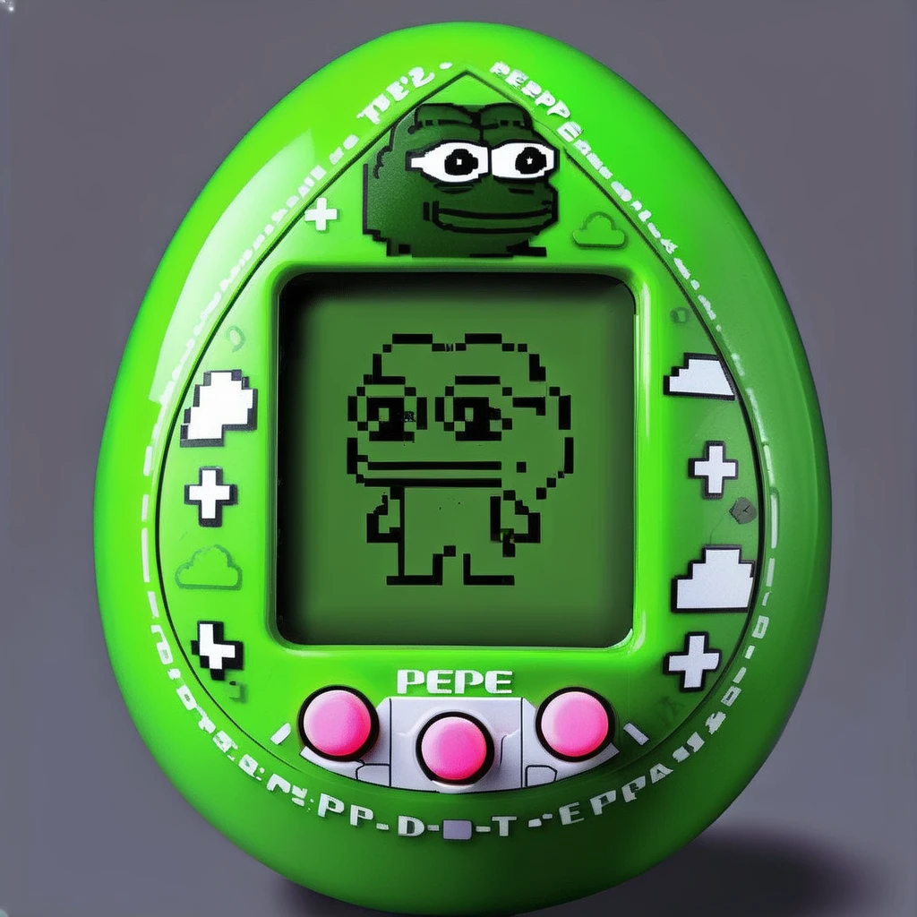An egg-shaped, virtual pet device is featured with a central screen displaying, a single color 8bit pepe,The screen is encased within an while ring ., <lora:egg_bit:0.75>, <lora:pepe-v2:0.7>