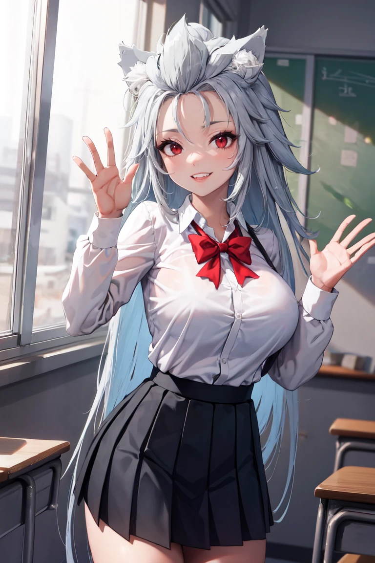 masterpiece, best quality, absurdres, ZentreyaWerewolf, red eyes, wolf ears, long hair, classroom, window, school uniform, dress shirt, pleated skirt, waving at viewer, smile, large breasts, <lora:ZentreyaWerewolf:0.8>