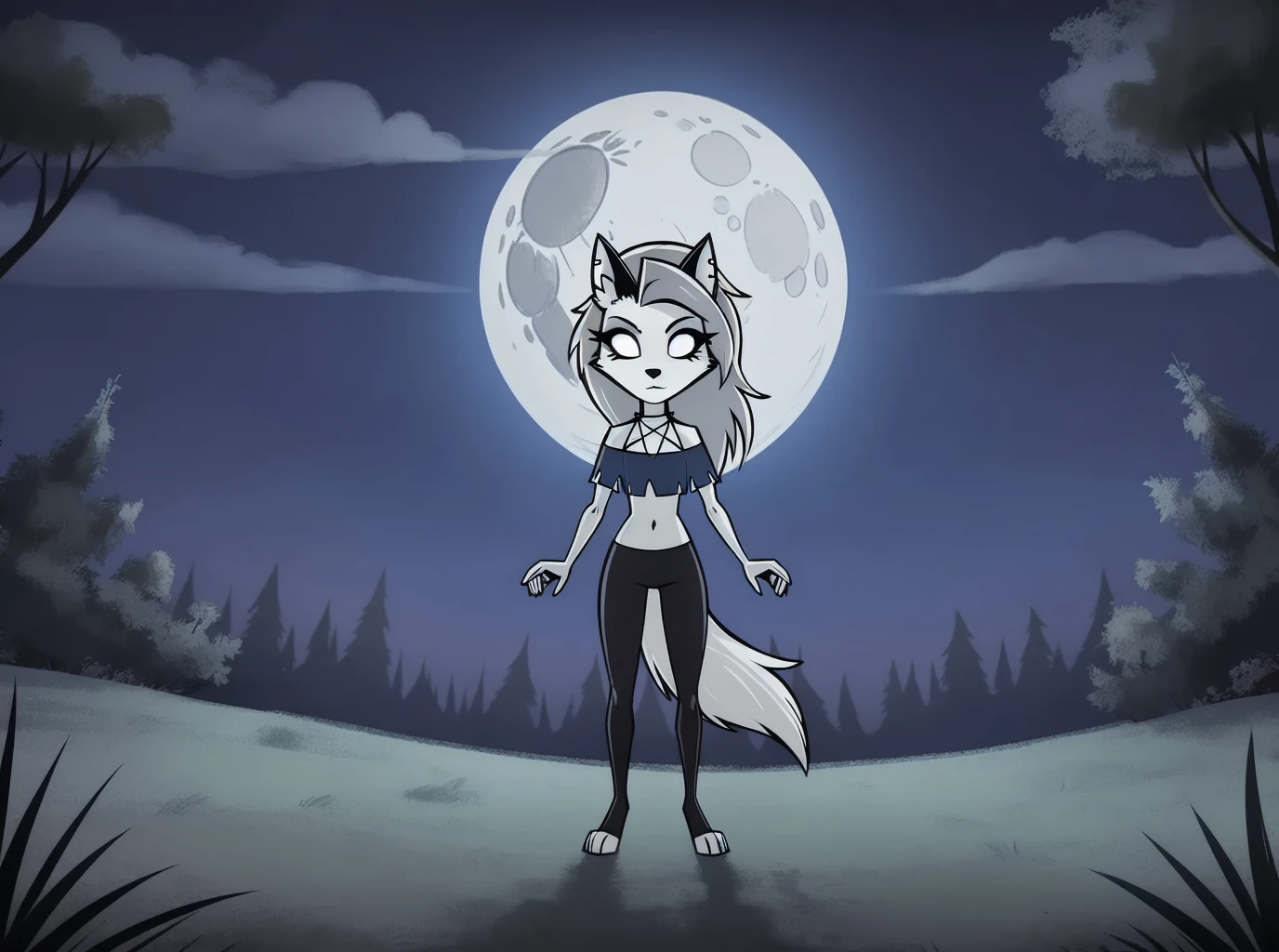 solo,furry,loona (helluva boss),wolf,full body,1girl,pants,(no pupils:1.2),forest,moon,don't starve,<lora:Don't starve style Vpred:0.5>,