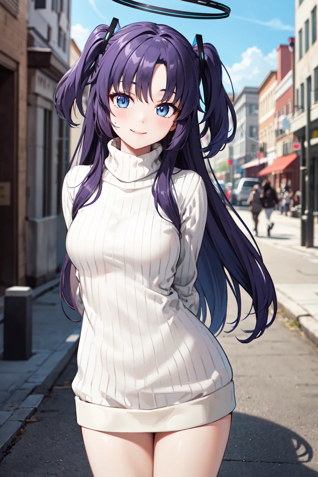 masterpiece,best quality,highres,ultra-detailed,aayuuka,halo,blue eyes,purple hair,long hair,two side up,bangs,<lora:yuuka_(blue_archive):0.8>,(sweater:1.2),(turtleneck:1.2),street,smile,standing,cowboy shot,arms_behind_back,