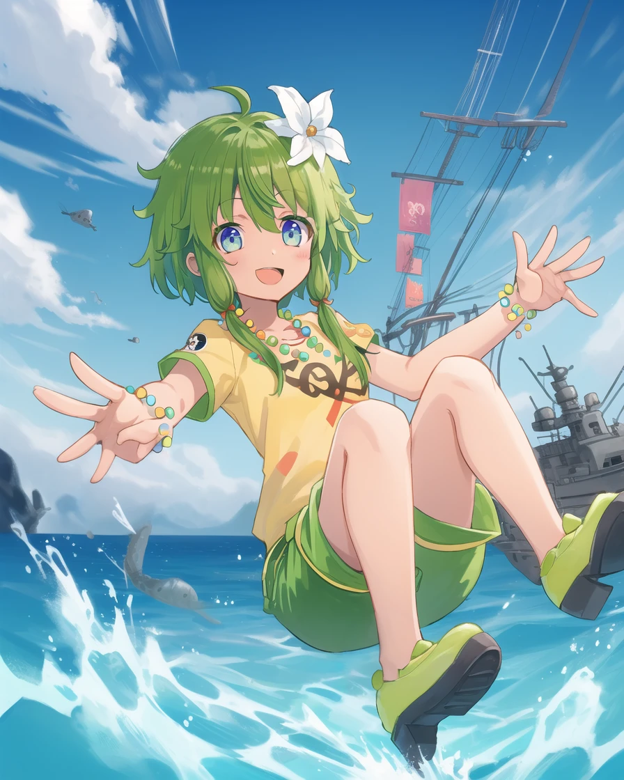 green hair,  solo, 1girl, white t-shirt, shorts, 
jumping, outdoors, ocean, looking at viewer, beautiful eyes, waving, handrail, battle ships, bending knees, park, :D, reaching out, 
<lora:GoodHands-vanilla:1>, <lora:kohakuV5_rev2:0.8>, <lora:haifuri-loha-bundle-60000:0:0.75:lbw=1,0,0,0,0,0,0,0,0,0,0,0,0,0,0,0,0,1,1,1,1,1,0,0,0,0>, <lora:linneamix_v74:0.3>