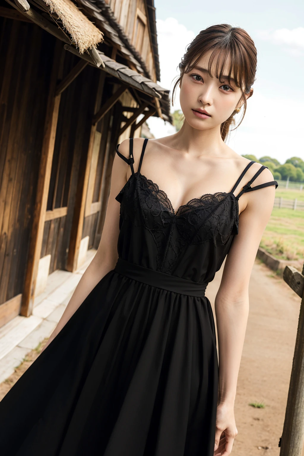 (masterpiece:1.4),(best quality:1.4),photorealistic,8K,RAW photo,ultra highres,extremely detailed eyes and face,extremely detailed,absurdres,Professional,colorful,1girl,slender,skinny,looking at viewer,formal dress,bust,outdoors,sunshine,takahashihikaru,<lora:takahashihikaru:0.7>,standing,farm,expressionless,