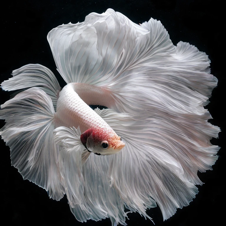 RAW photo, a Betta fish ,pure white colored fish, elegant swimming view pose, black background <lora:Mr_Betta_LORA:1>, 8k uhd, dslr, soft lighting, high quality, film grain, Fujifilm XT3