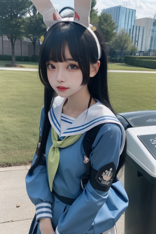 ltra-detailed,highly detailed,best quality,masterpiece,illustration,realistic,
kasumizawa miyu, 1gir l, solo, miyu \(blue archive\),cosplay,
bangs, long hair,fake animal ears, rabbit ears,
school uniform, serafuku, neckerchief, sailor collar,long sleeves, pleated skirt,
looking at viewer, in trash can,
photo background,outdoors, ruins,trash can, grass, bush,
<lora:kasumizawa miyu_v1_07:0.7>