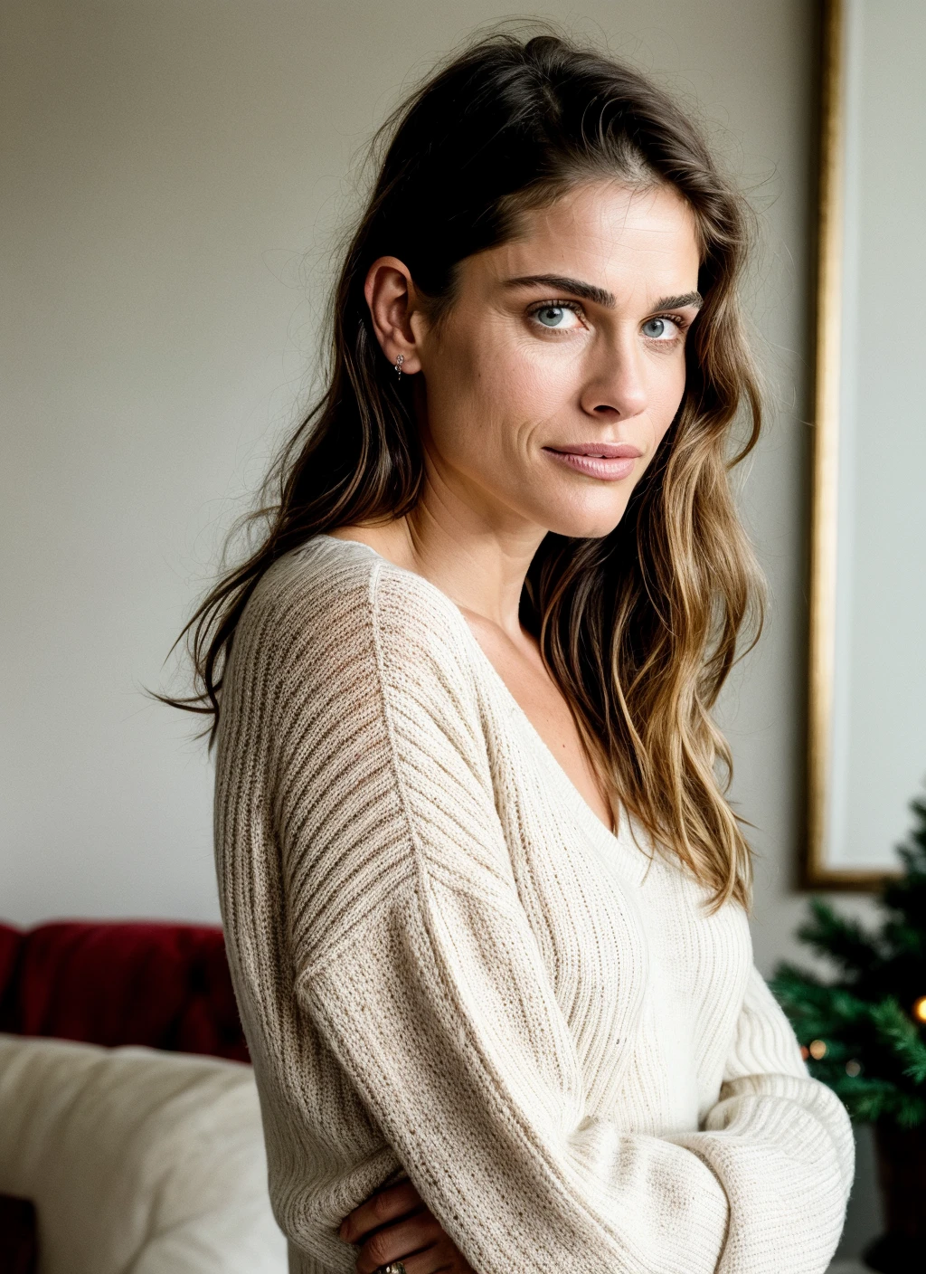 RAW photo of 20 years old amandapeet-ti, natural lighting, 8k uhd, dslr, high quality, film grain, Fujifilm XT3, <lora:add_detail:0.7>, by Peter Lindbergh, christmas theme, young, sweater