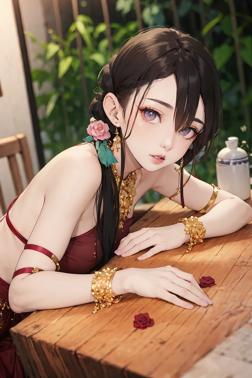 highres,1girl, solo, long hair, looking at viewer, black hair, hair ornament, bare shoulders, jewelry, flower, earrings, parted lips, necklace, blurry, bracelet, lips, depth of field, blurry background, table, armlet, realistic,
<lora:lbc_yuyi_dudou:0.6>,((rose)),(vine),cage,bandage,red rope,(detail light),falling rose petals,