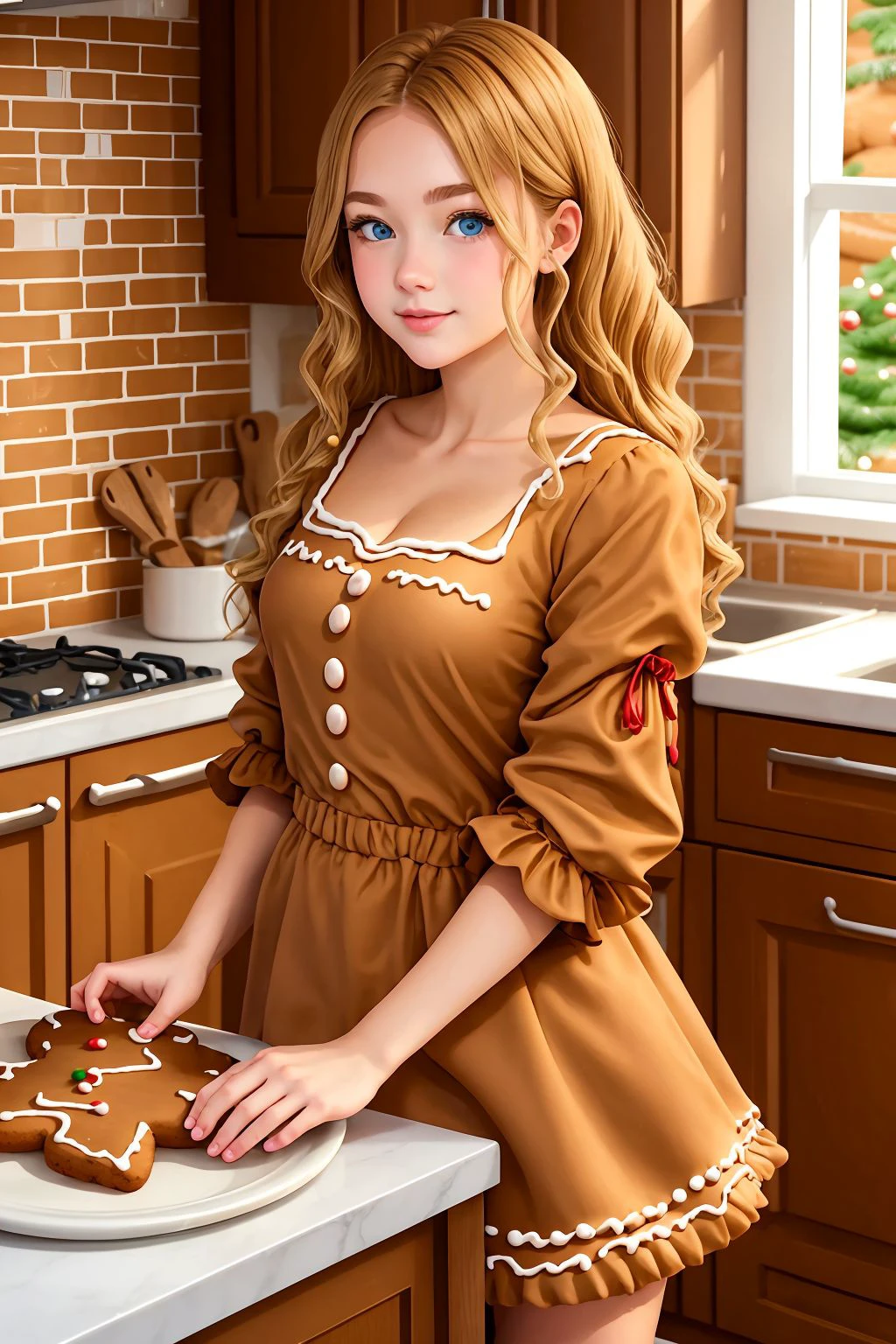 young woman, honey blonde hair, grey-blue eyes, (gingerbread dress) <lora:Gingerbread Dress_v1:1>, kitchen