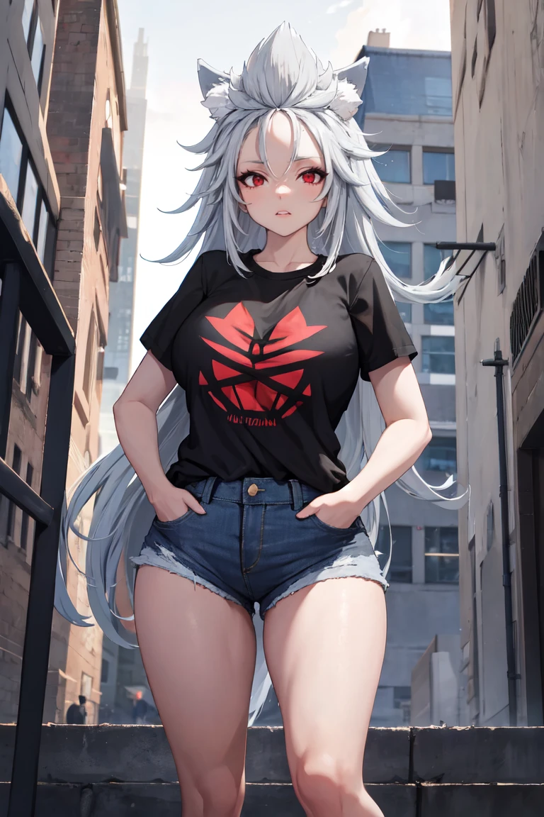 masterpiece, best quality, absurdres, ZentreyaWerewolf, red eyes, wolf ears, long hair, t-shirt, denim shorts, standing, outdoors, city, hands in pockets, large breasts, <lora:ZentreyaWerewolf:0.8>