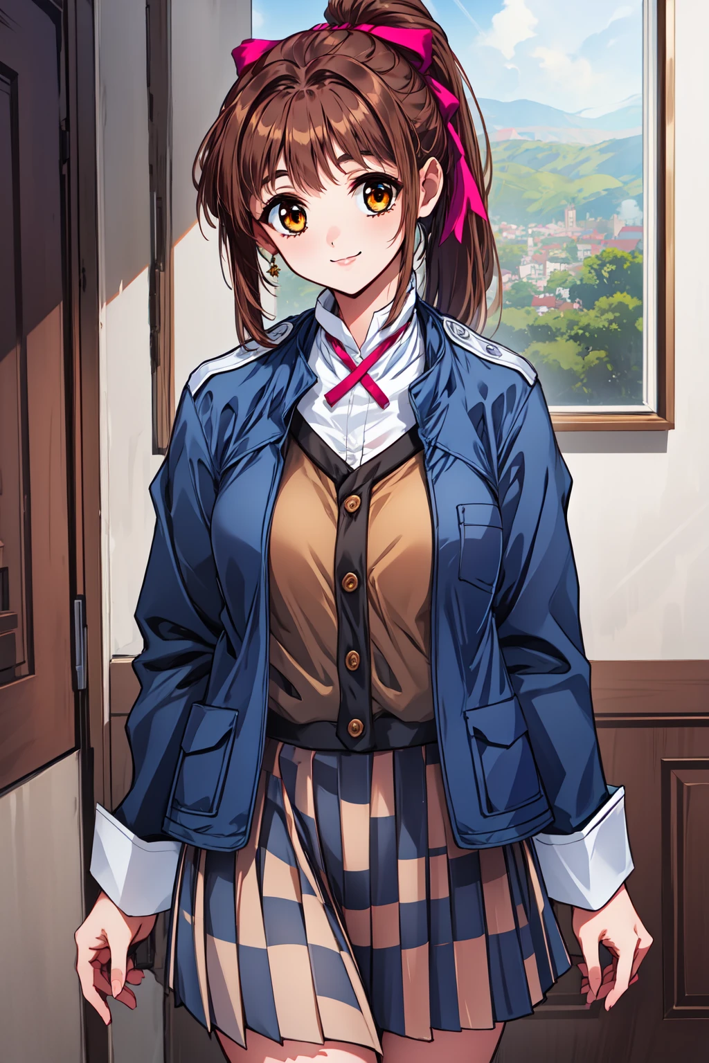 1girl, mansion,  cowboy shot, smile, looking at viewer, 
doukoku_chisa, brown eyes, brown hair, long hair, ponytail, ribbon, hair ribbon, blue jacket, school uniform, shirt, long sleeves, pleated skirt, <lora:doukoku_chisa_lora_ver1:0.7>, best quality, masterpiece, highres, <lora:GoodHands-vanilla:1>